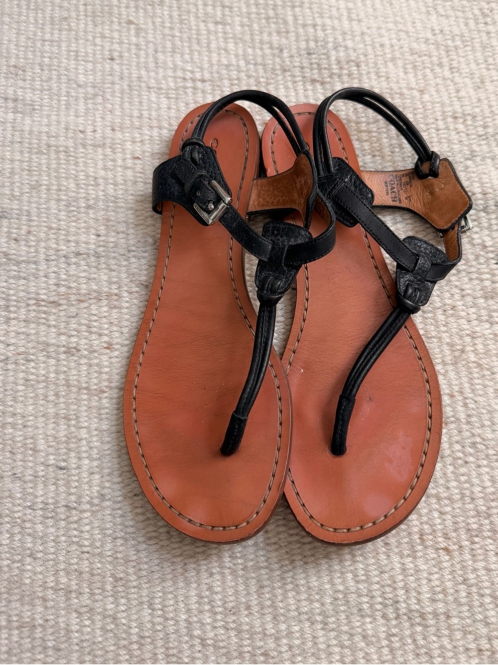 Coach Black Strap Leather T‑Strap Sandals with Brown Footbed
